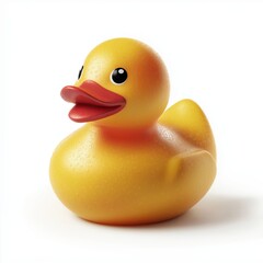 Wet yellow rubber duck with water droplets on pristine white background