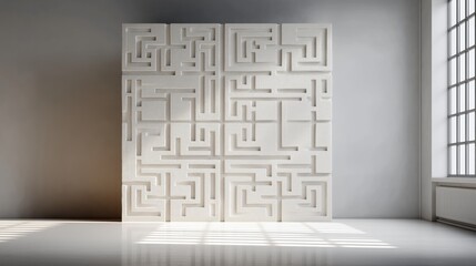Minimalist white textured wall panel featuring complex geometric maze pattern in sunlit room