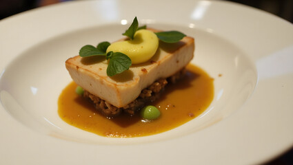 Artistic Plating of Modern Gourmet Cuisine in Luxury Restaurant Setting