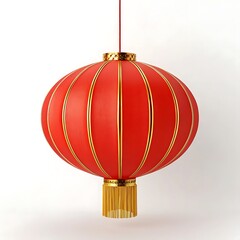 Obraz premium Close up of a red chinese lantern with gold accents hanging against a white background in studio lighting