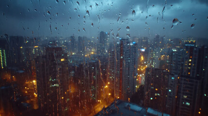 Behold mesmerizing symphony of an urban , as raindrops cascade from heavens, weaving a harmonious thread that binds kaleidoscope of city life into a breathtaking masterpiece