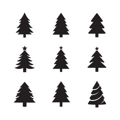 Black Christmas Tree Silhouette vector Icon Set on White Background