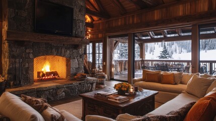 Cozy living room with a stone fireplace and snowy mountain view.