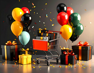 Celebrating big moments with gifts in a shopping cart confetti falling in a studio vibrant colors