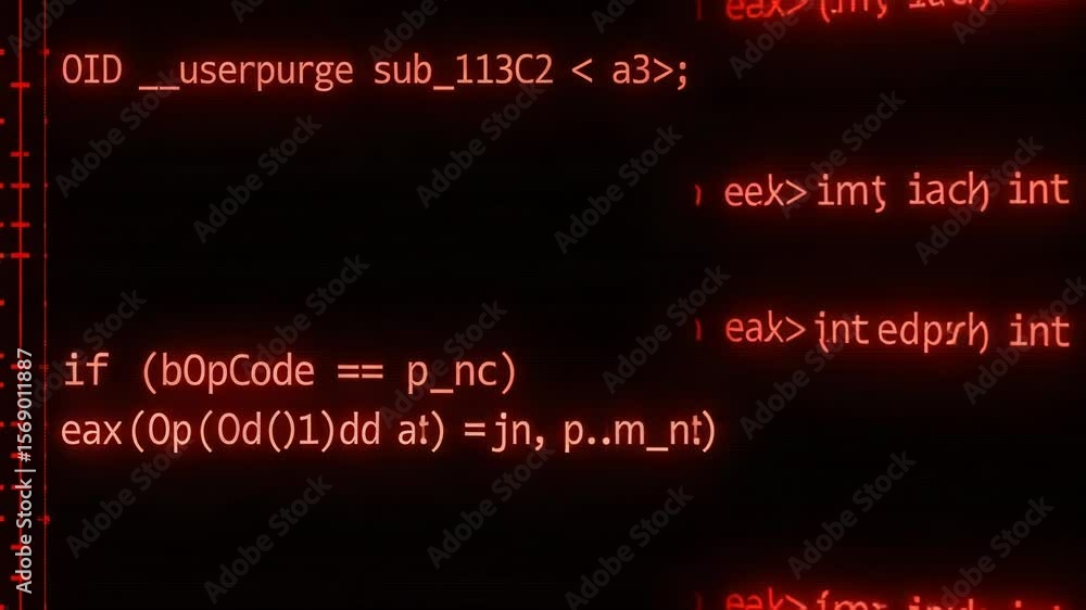 Poster red computer code on a dark screen close up view