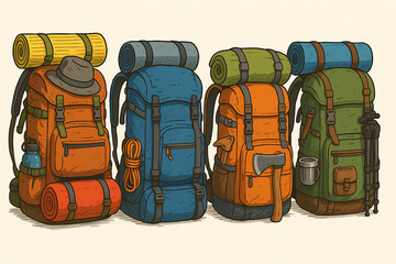 Orange blue green backpacks with camping gear hiking outdoor