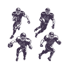American football player illustration set. Vector graphic of athletes running in dynamic action poses for sports team design. © Roman