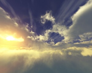Flight among the clouds, Stormy sky, sunrise or sunset among fabulous clouds, panorama of clouds, 3D rendering