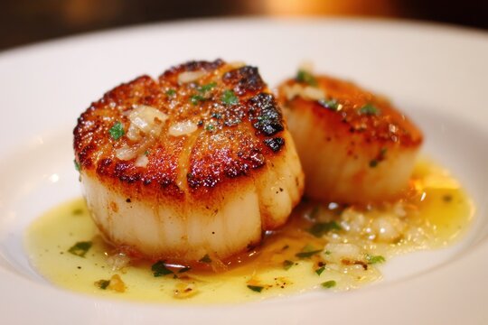 Fried Scallop. Seared Scallop Dish with Luxurious Herbal Sauce