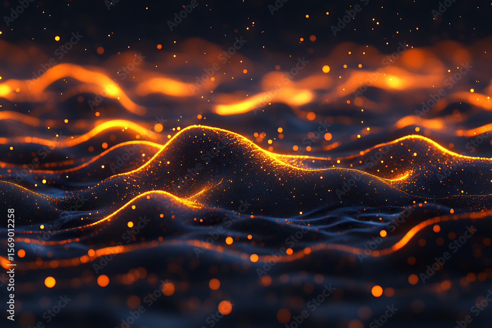 Poster abstract representation of glowing waves with sparkles in a dark environment, creating a mystical at