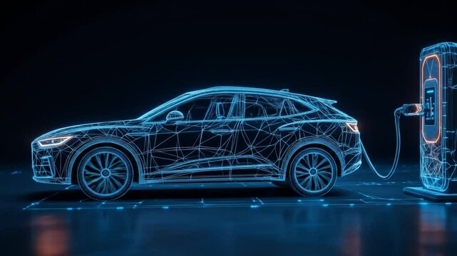 EV or electric vehicle at charging station with power cable attached. Eco-friendly sustainable energy concept. 4k video