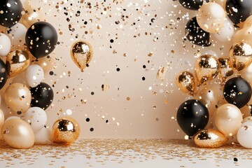 Luxurious promo look, golden text and scattered confetti with balloon backdrop