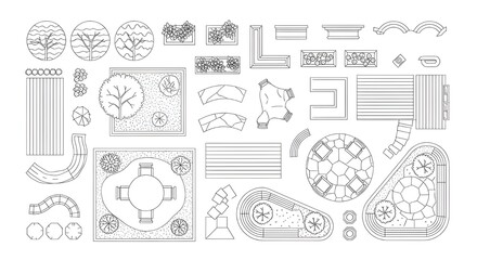 Landscape design elements and symbols, top view, on white background