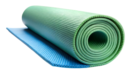 A rolledup green and blue yoga mat is isolated on transparent background
