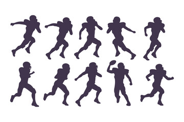 American football player silhouette set. Vector collection of athletes in various running and action poses for sports design.