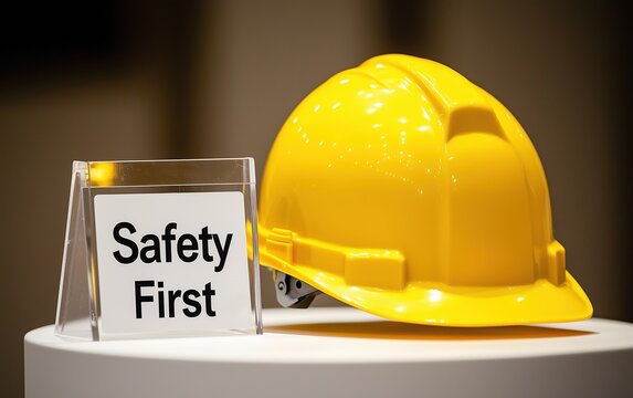 Yellow safety helmet next to clear sign reading &ldquo;Safety First&rdquo;