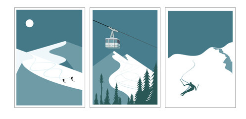 Modern retro ski posters, snowboard art prints