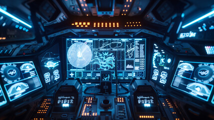 Futuristic starship cockpit with holographic star maps and alien constellations