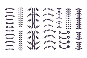 Football laces and stitches vector icon set. Graphic elements for American football design, sports logos, and apparel.