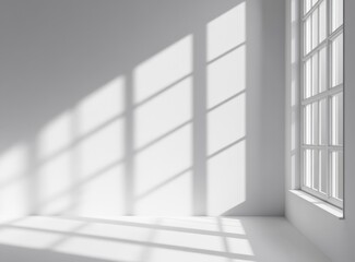 Sunlight shadows on white room with large window