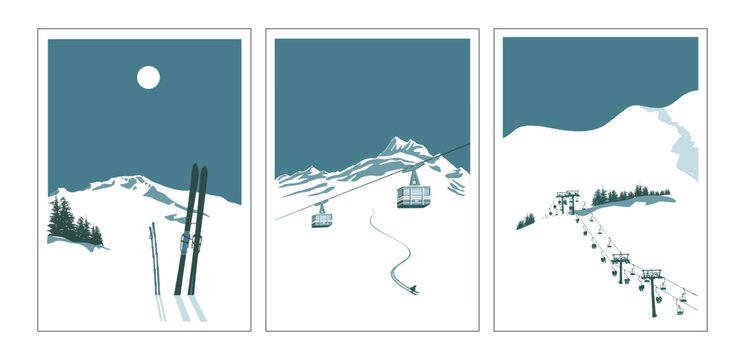 Modern retro ski posters, snowboard art prints