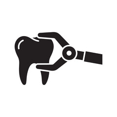 Obraz premium Tooth extraction icon with dental forceps tool removing a molar for oral surgery procedure at stomatology clinic due to decay or dental problem vector solid glyph