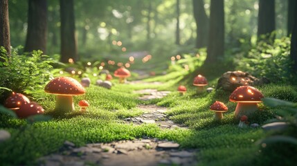 Fairy-tale forest path with red mushrooms