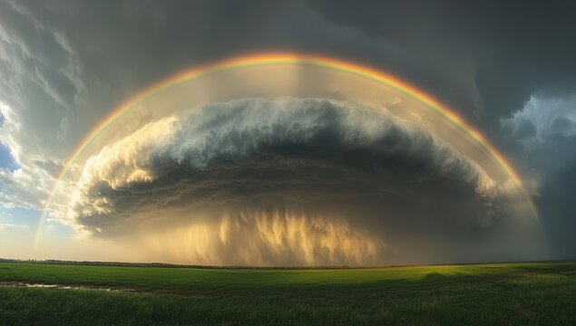 Rainbow arches over dramatic supercell thunderstorm over field