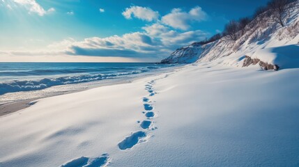 Footprints in the snow on a winter beach.