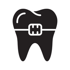 Orthodontics icon with tooth braces for dental alignment treatment by an orthodontist to correct bite and create a straight beautiful smile vector solid glyph