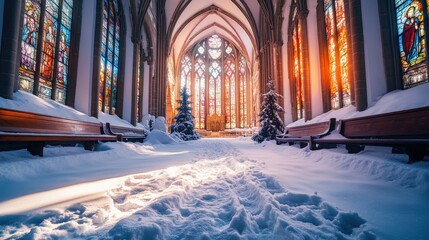 Snowy interior of a cathedral with stained glass windows.