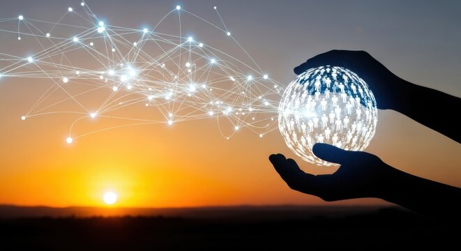 Hands holding a glowing globe of people against a sunset sky