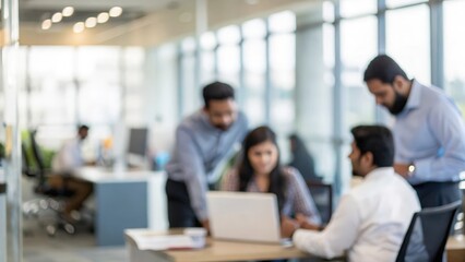 Blurred Indian office environment with professionals collaborating in corporate setting
