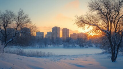 City park in winter sunrise.