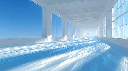Obraz premium Serene Hallway with Blue Sky Through Windows