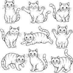 Adorable hand-drawn cat illustrations in various playful poses capture the charm of feline companions, perfect for pet-themed designs and animal lovers.
