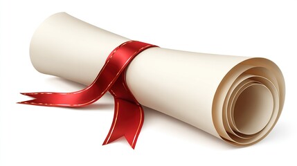 Rolled parchment scroll tied with red ribbon lies angled on a white surface