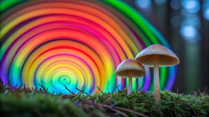 Fototapeta premium Psilocybin concept ,Psychedelic mushroom with colorful spiral light in forest, vibrant nature scene with glowing effect