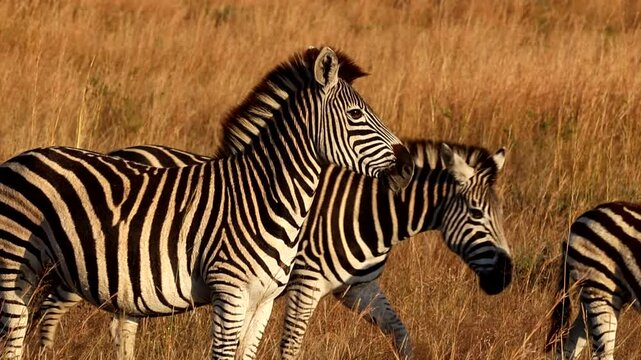 Zebra stallion stands guard of herd in dry grass field, zoom out profile view
