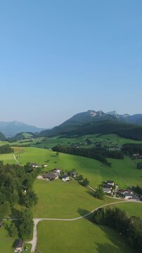 Outskirts of Strobl Town in the Salzburg Region at Summer. Aerial vertical view