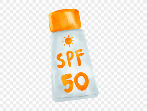 Watercolor SPF 50 sunscreen bottle illustration, summer skincare protection product, hand-painted vector.