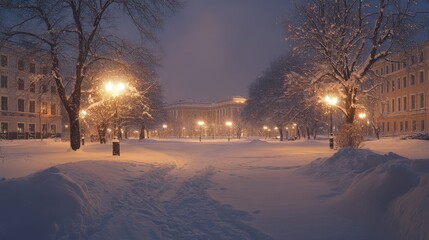 Snowy winter evening scene with illuminated buildings.