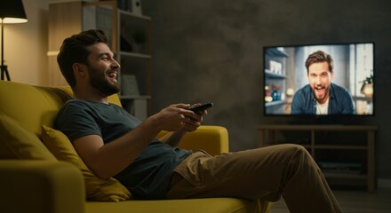 Man watching video chat on television