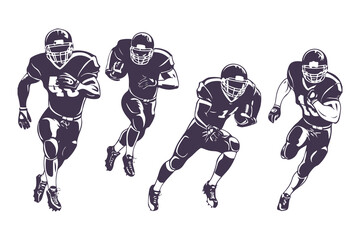 American football player illustration set. Vector graphic of athletes running in dynamic action poses for sports team design.