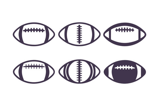 American football silhouette icon set. Vector symbols of balls for sports game design and team logos.
