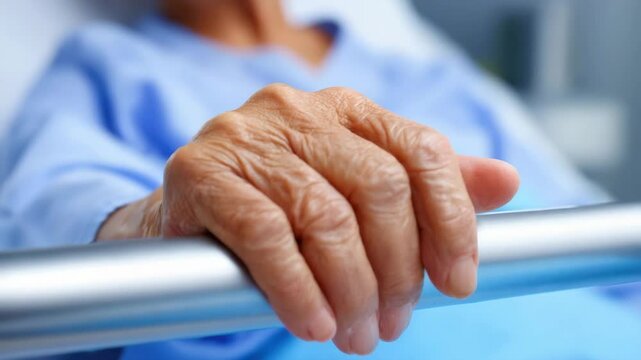 Elderly hand gripping metal hospital bed rail showing stroke recovery and brain health support in medical care environment