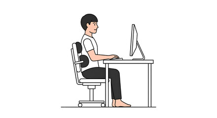 A man sits at a desk in an office chair with a computer screen using a keyboard and a cushion for back posture support.