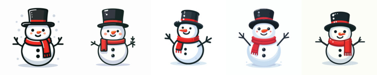Minimalist Snowman Vector Set – Flat Winter Snowman Characters with Red Scarf and Top Hat