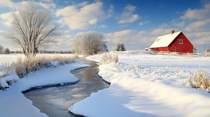 A winter landscape with a red barn and a winding stream.