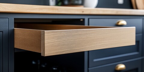 Open Drawer in Dark Navy Kitchen Cabinets